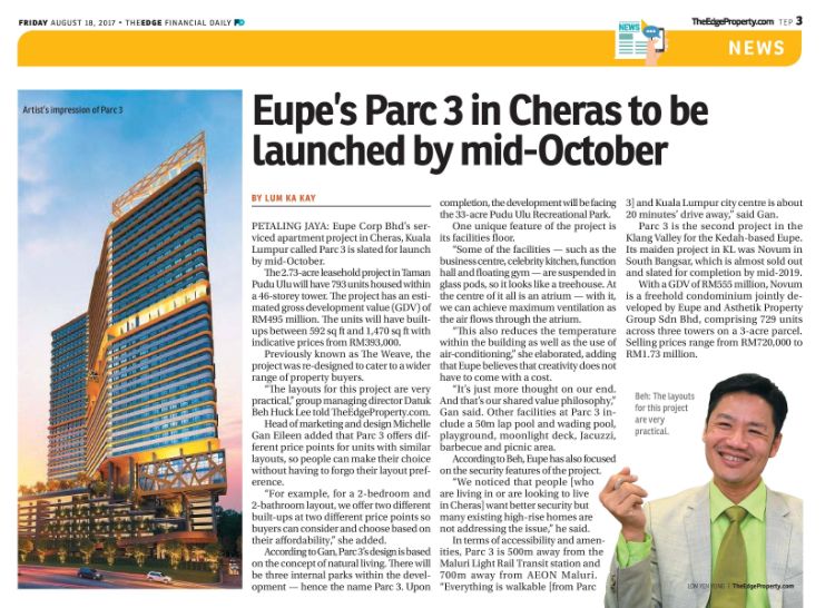 The Edge Financial Daily: Eupe's Parc3 in Cheras to be launched by mid-October
