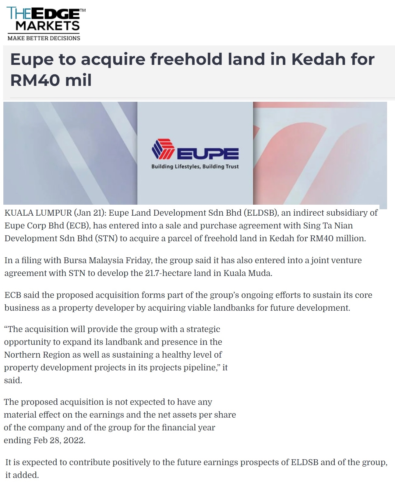 The Edge, The Star, Berita Harian : Acquisition of Freehold Land in Kedah