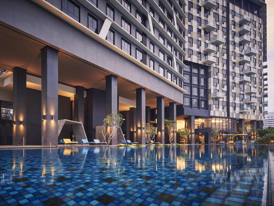 The infinity lap pool looks out to the KL skyline, with sunken lounges to maximise relaxation.